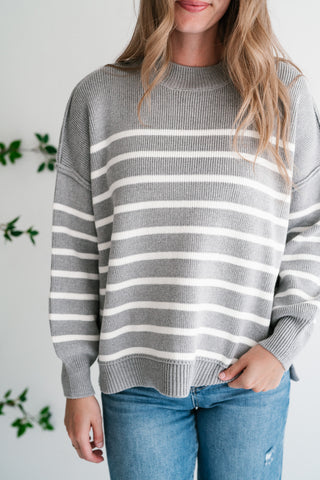Cozy Chic Women's Striped Mock Neck Knit Sweater - Grey
