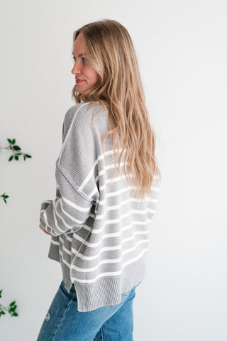 Cozy Chic Women's Striped Mock Neck Knit Sweater - Grey