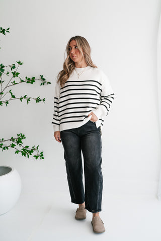 Cozy Chic Women's Striped Mock Neck Knit Sweater - White