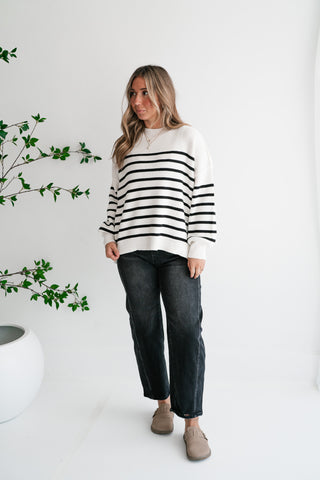 Cozy Chic Women's Striped Mock Neck Knit Sweater - White