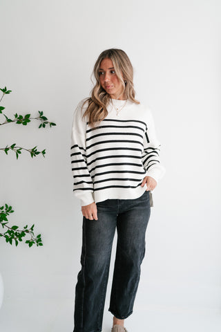 Cozy Chic Women's Striped Mock Neck Knit Sweater - White