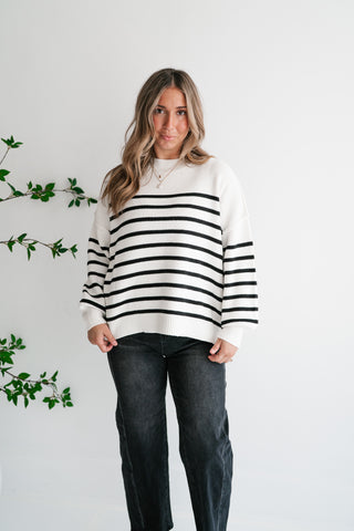 Cozy Chic Women's Striped Mock Neck Knit Sweater - White