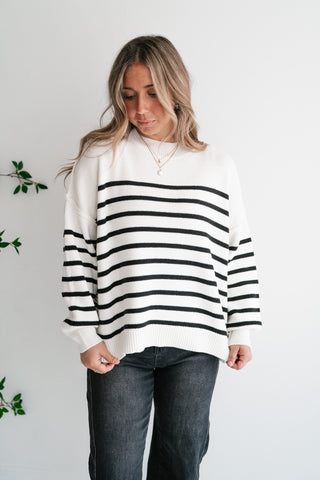 Cozy Chic Women's Striped Mock Neck Knit Sweater - White