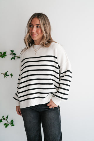 Cozy Chic Women's Striped Mock Neck Knit Sweater - White