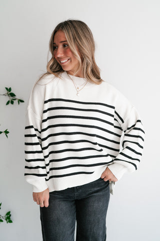 Cozy Chic Women's Striped Mock Neck Knit Sweater - White
