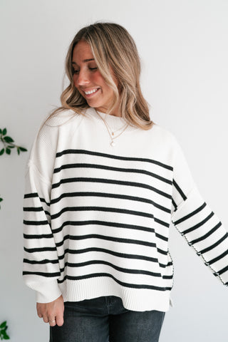 Cozy Chic Women's Striped Mock Neck Knit Sweater - White