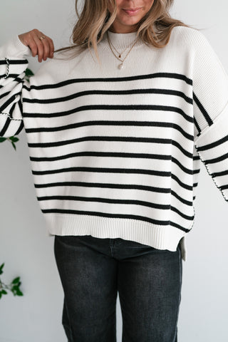 Cozy Chic Women's Striped Mock Neck Knit Sweater - White
