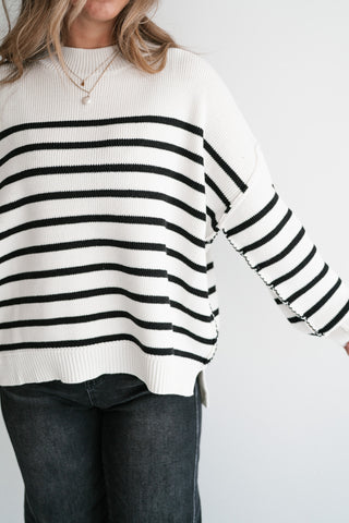 Cozy Chic Women's Striped Mock Neck Knit Sweater - White