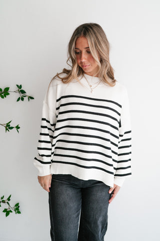 Cozy Chic Women's Striped Mock Neck Knit Sweater - White