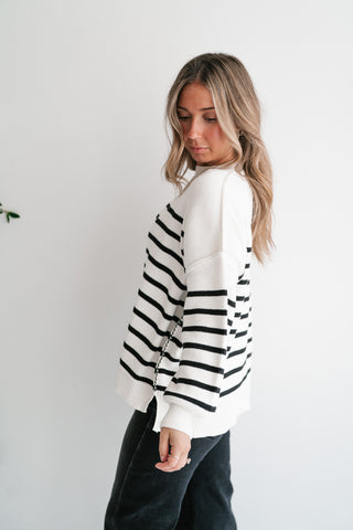 Cozy Chic Women's Striped Mock Neck Knit Sweater - White