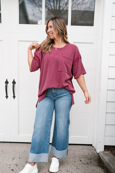 Forever Timeless Relaxed Ribbed Top- Burgundy