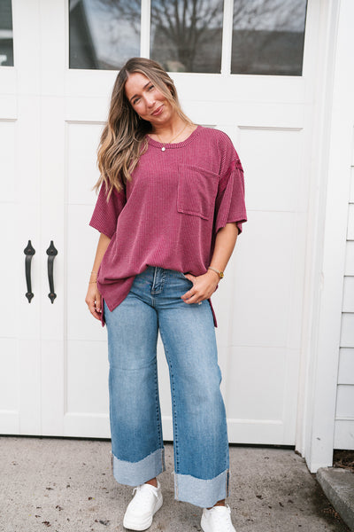 Forever Timeless Relaxed Ribbed Top- Burgundy