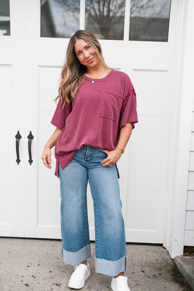 Forever Timeless Relaxed Ribbed Top- Burgundy