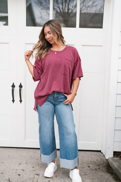 Forever Timeless Relaxed Ribbed Top- Burgundy