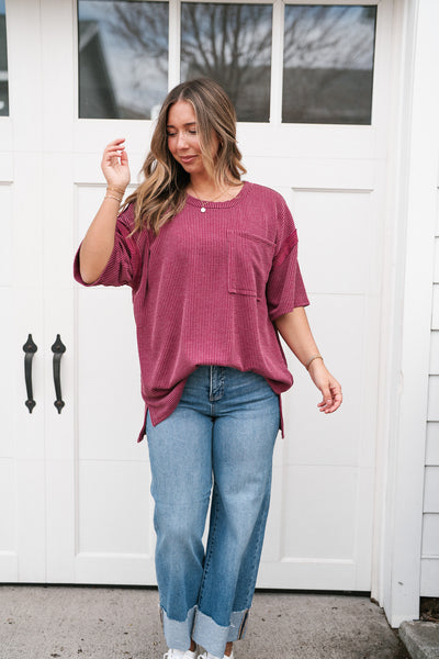 Forever Timeless Relaxed Ribbed Top- Burgundy