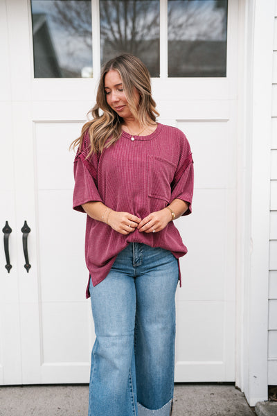 Forever Timeless Relaxed Ribbed Top- Burgundy