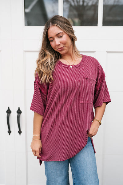 Forever Timeless Relaxed Ribbed Top- Burgundy