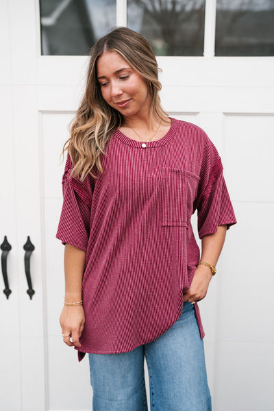 Forever Timeless Relaxed Ribbed Top- Burgundy
