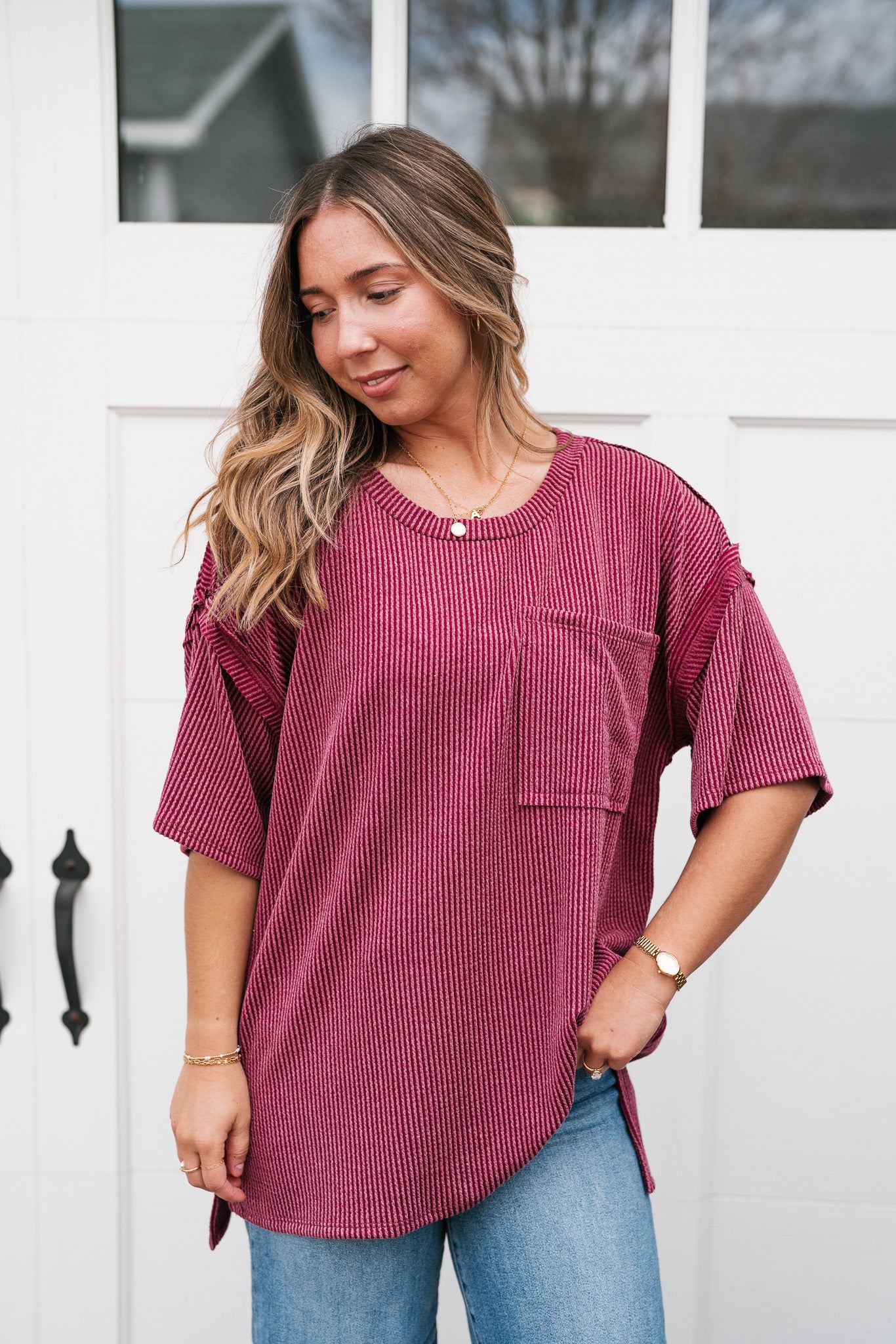 Forever Timeless Relaxed Ribbed Top- Burgundy