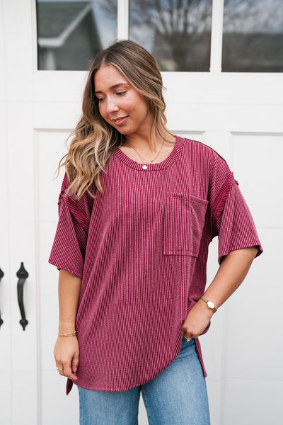 Forever Timeless Relaxed Ribbed Top- Burgundy