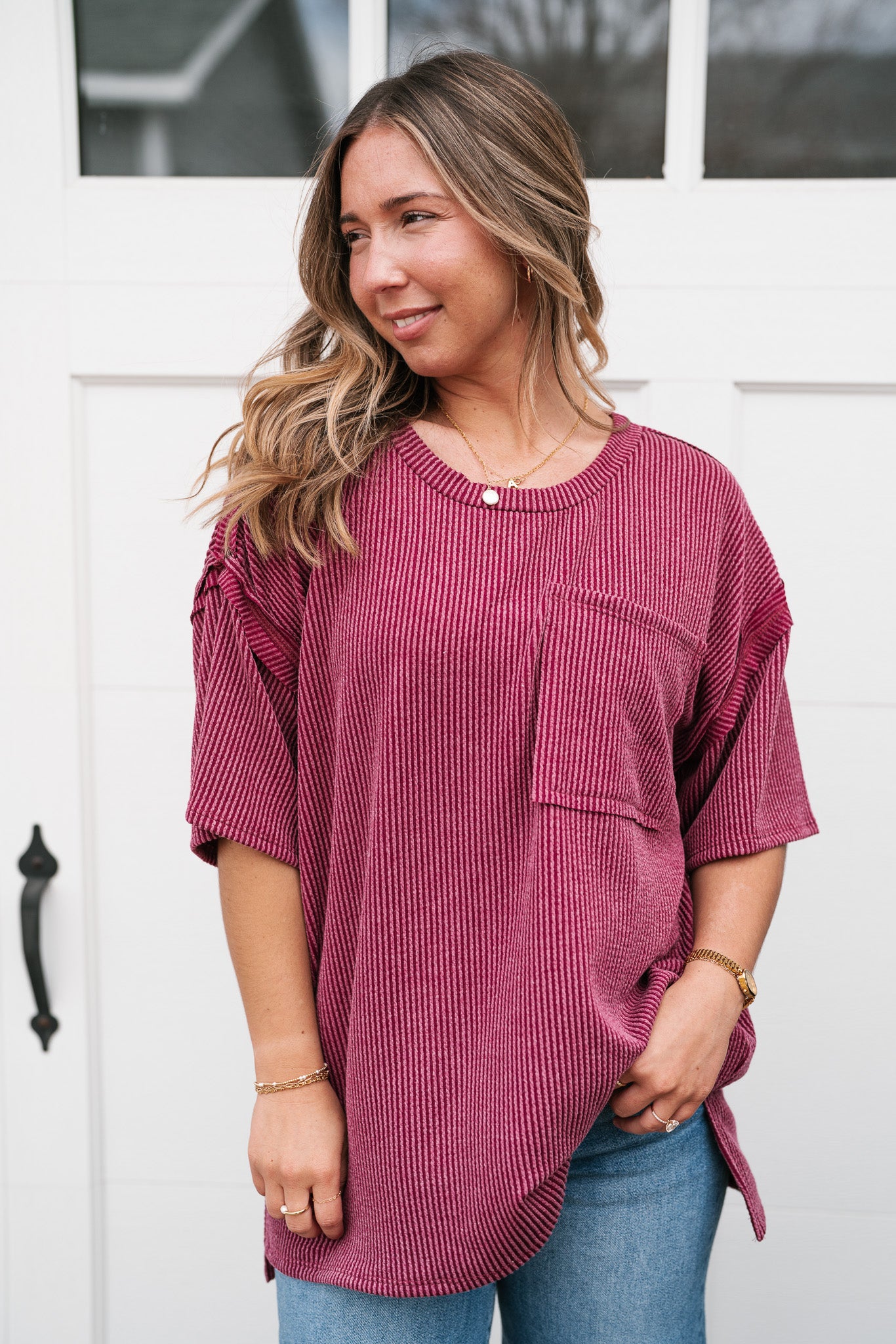 Forever Timeless Relaxed Ribbed Top- Burgundy