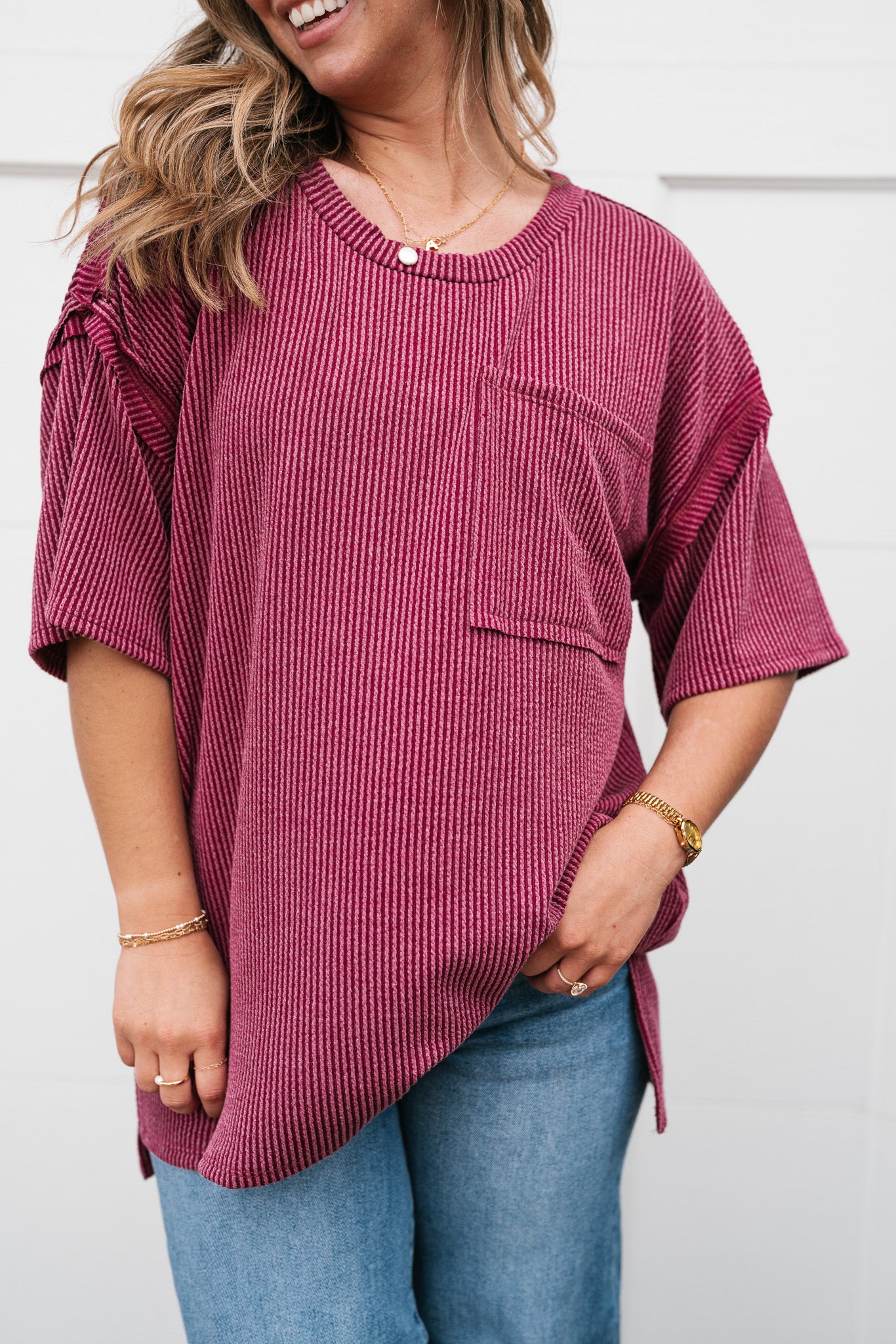 Forever Timeless Relaxed Ribbed Top- Burgundy