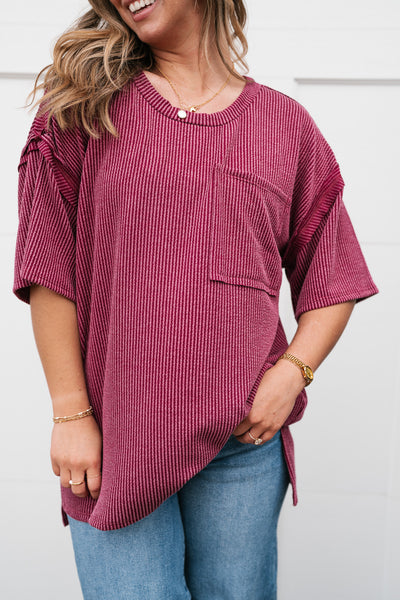 Forever Timeless Relaxed Ribbed Top- Burgundy