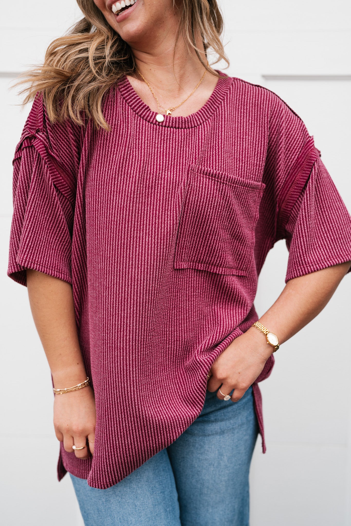 Forever Timeless Relaxed Ribbed Top- Burgundy