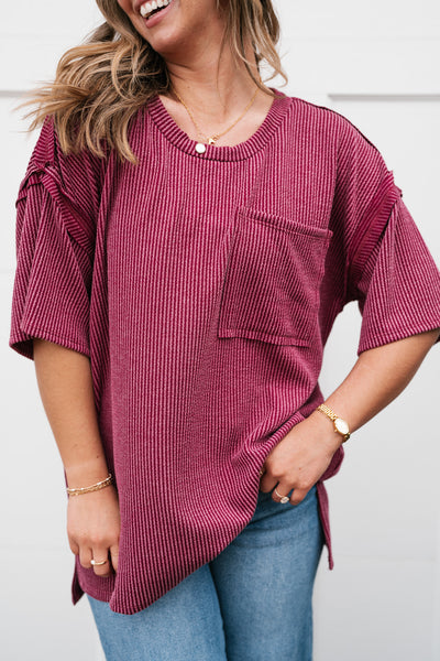 Forever Timeless Relaxed Ribbed Top- Burgundy