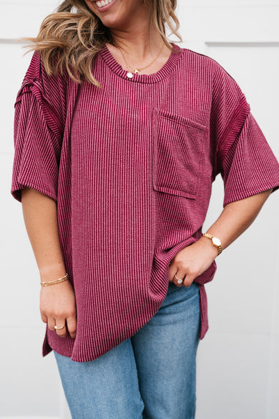 Forever Timeless Relaxed Ribbed Top- Burgundy