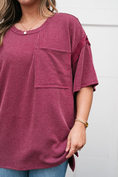 Forever Timeless Relaxed Ribbed Top- Burgundy