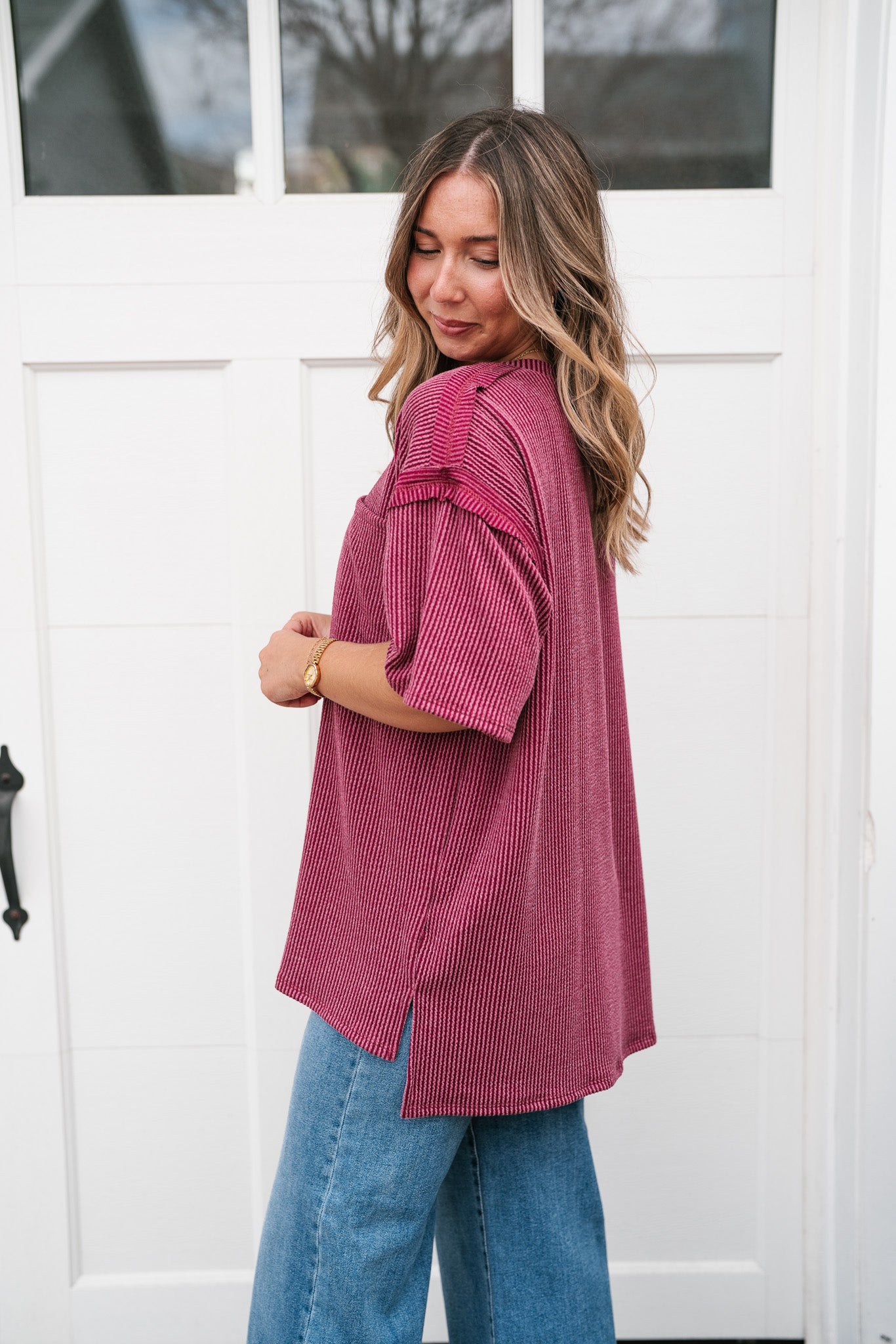 Forever Timeless Relaxed Ribbed Top- Burgundy