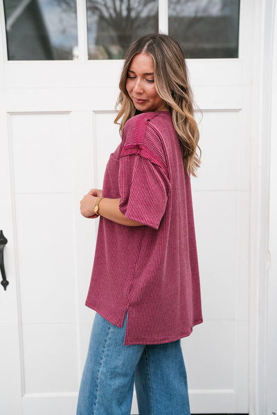 Forever Timeless Relaxed Ribbed Top- Burgundy