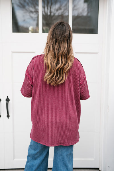 Forever Timeless Relaxed Ribbed Top- Burgundy