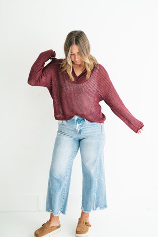Market Day Open Knit Sweater - Burgundy
