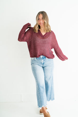 Market Day Open Knit Sweater - Burgundy