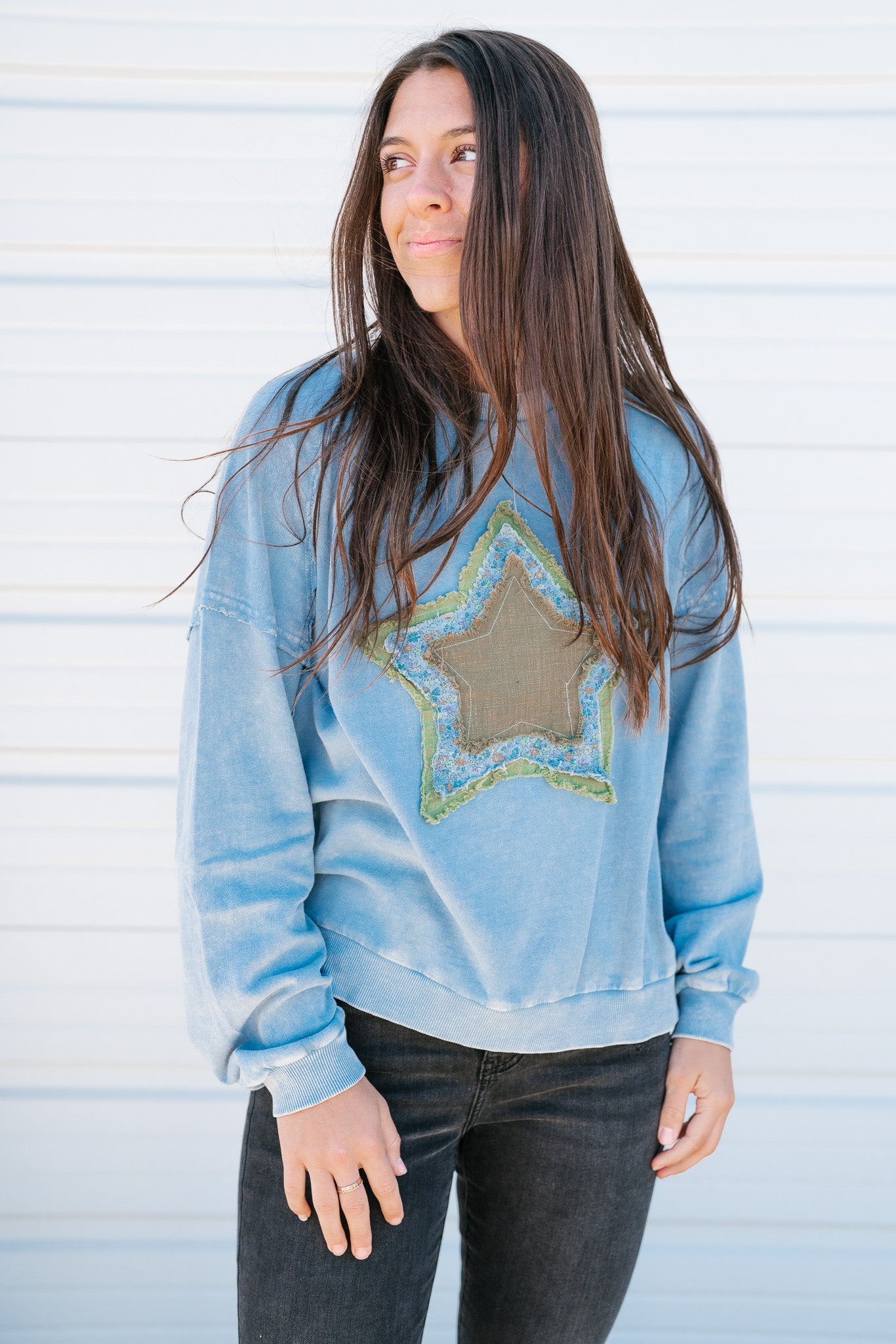 Shooting Star Patch Pullover Top - Blue