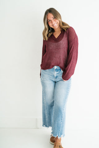 Market Day Open Knit Sweater - Burgundy