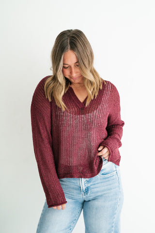 Market Day Open Knit Sweater - Burgundy