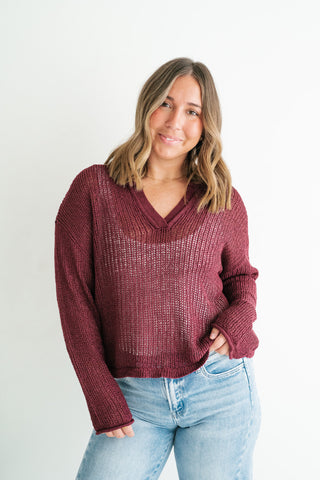 Market Day Open Knit Sweater - Burgundy