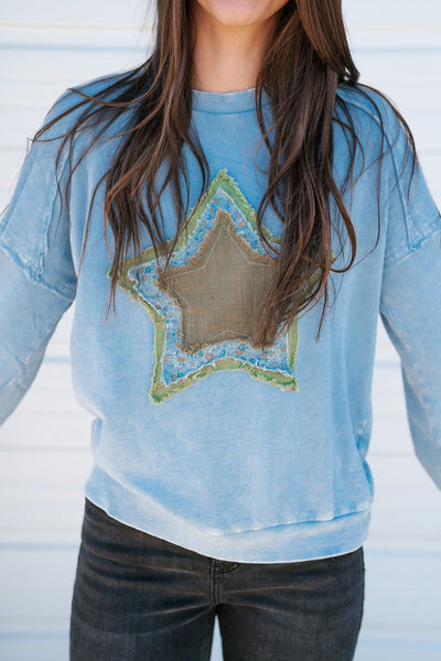 Shooting Star Patch Pullover Top - Blue
