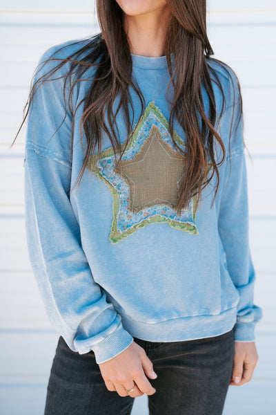 Shooting Star Patch Pullover Top - Blue