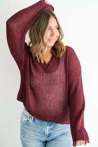 Market Day Open Knit Sweater - Burgundy