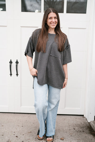 Forever Timeless Relaxed Ribbed Top- Charcoal