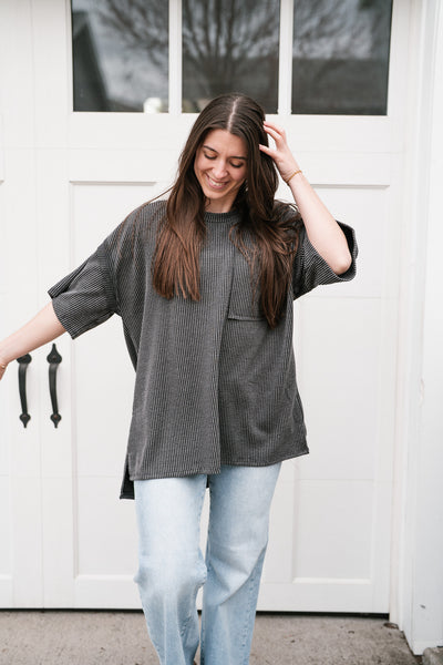 Forever Timeless Relaxed Ribbed Top- Charcoal