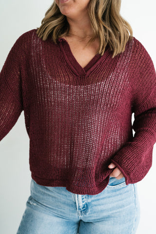Market Day Open Knit Sweater - Burgundy