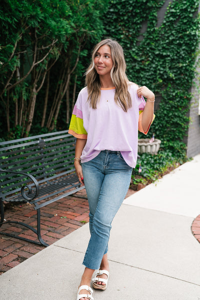 Delighted Color Block Short Sleeve Top- Lavender