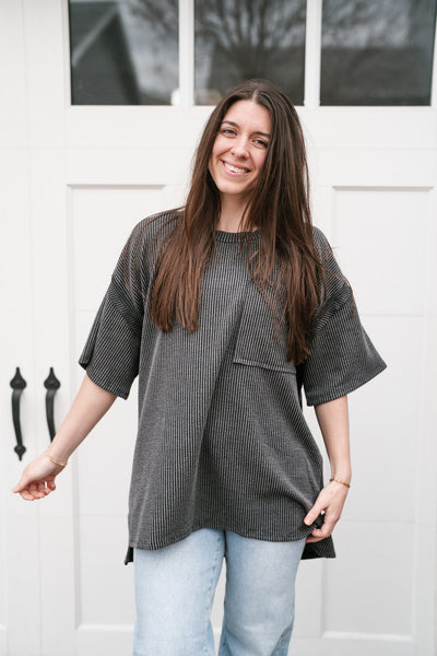 Forever Timeless Relaxed Ribbed Top- Charcoal