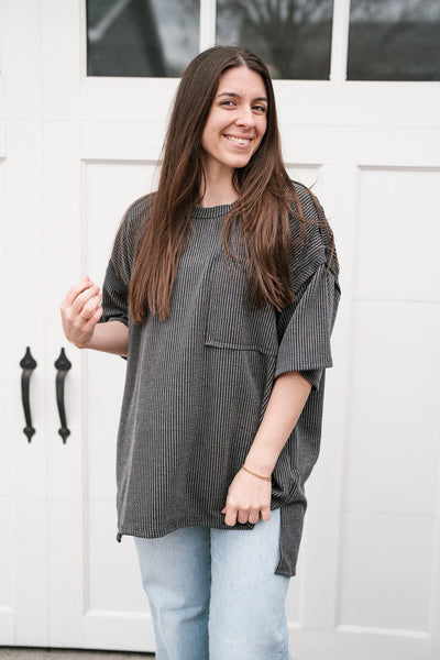 Forever Timeless Relaxed Ribbed Top- Charcoal