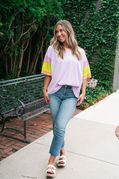 Delighted Color Block Short Sleeve Top- Lavender